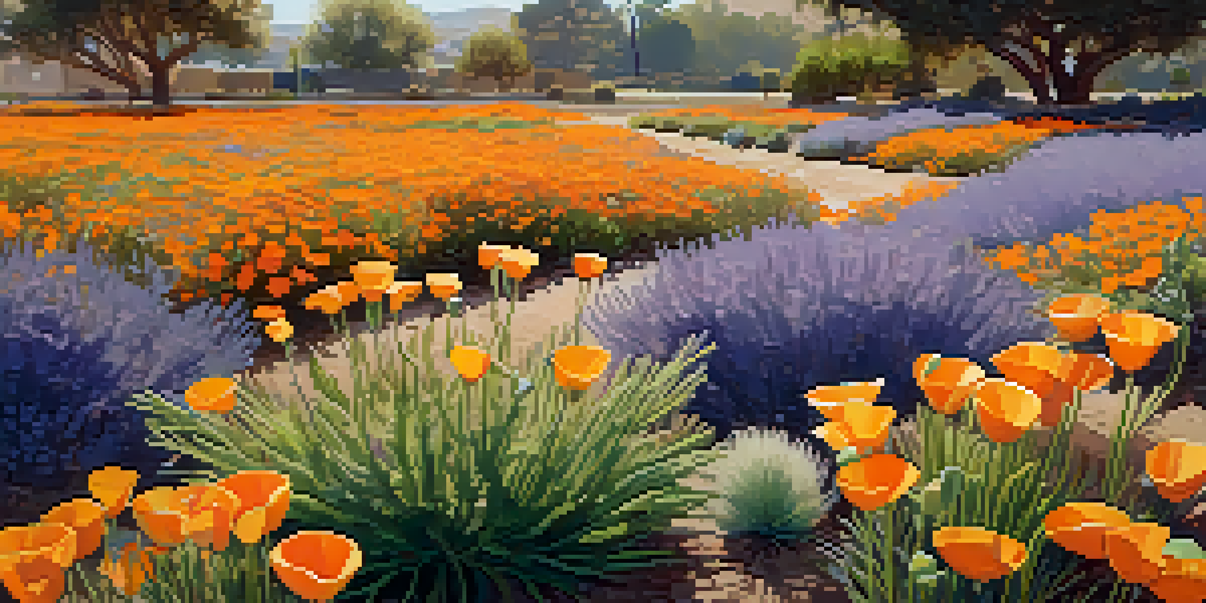 A vibrant garden filled with colorful drought-resistant plants, illuminated by warm sunlight, with a visible drip irrigation system.