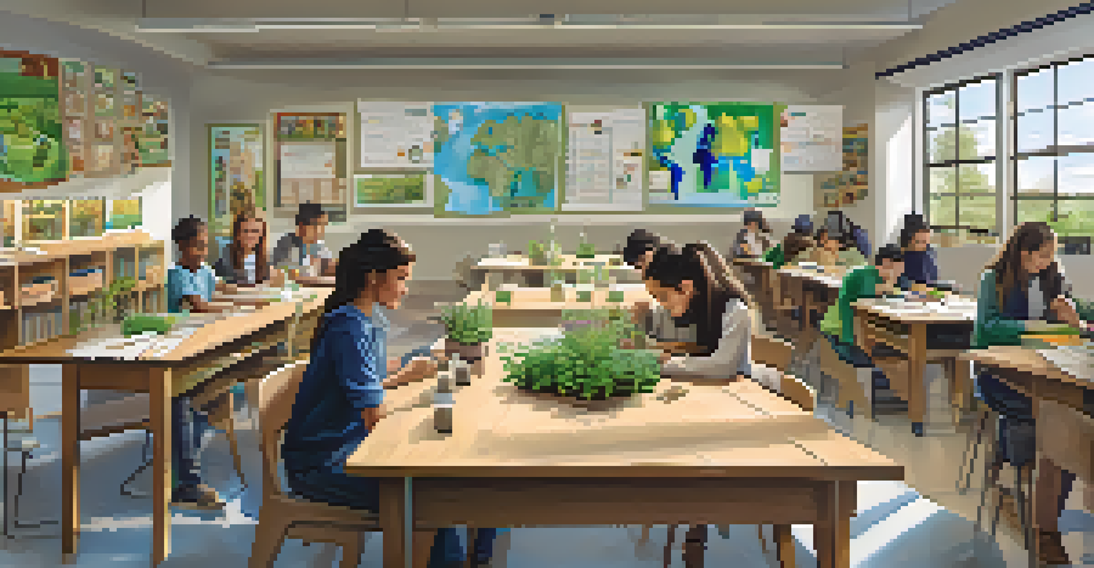 Students in a classroom working on an environmental project, planting seeds and discussing ideas.