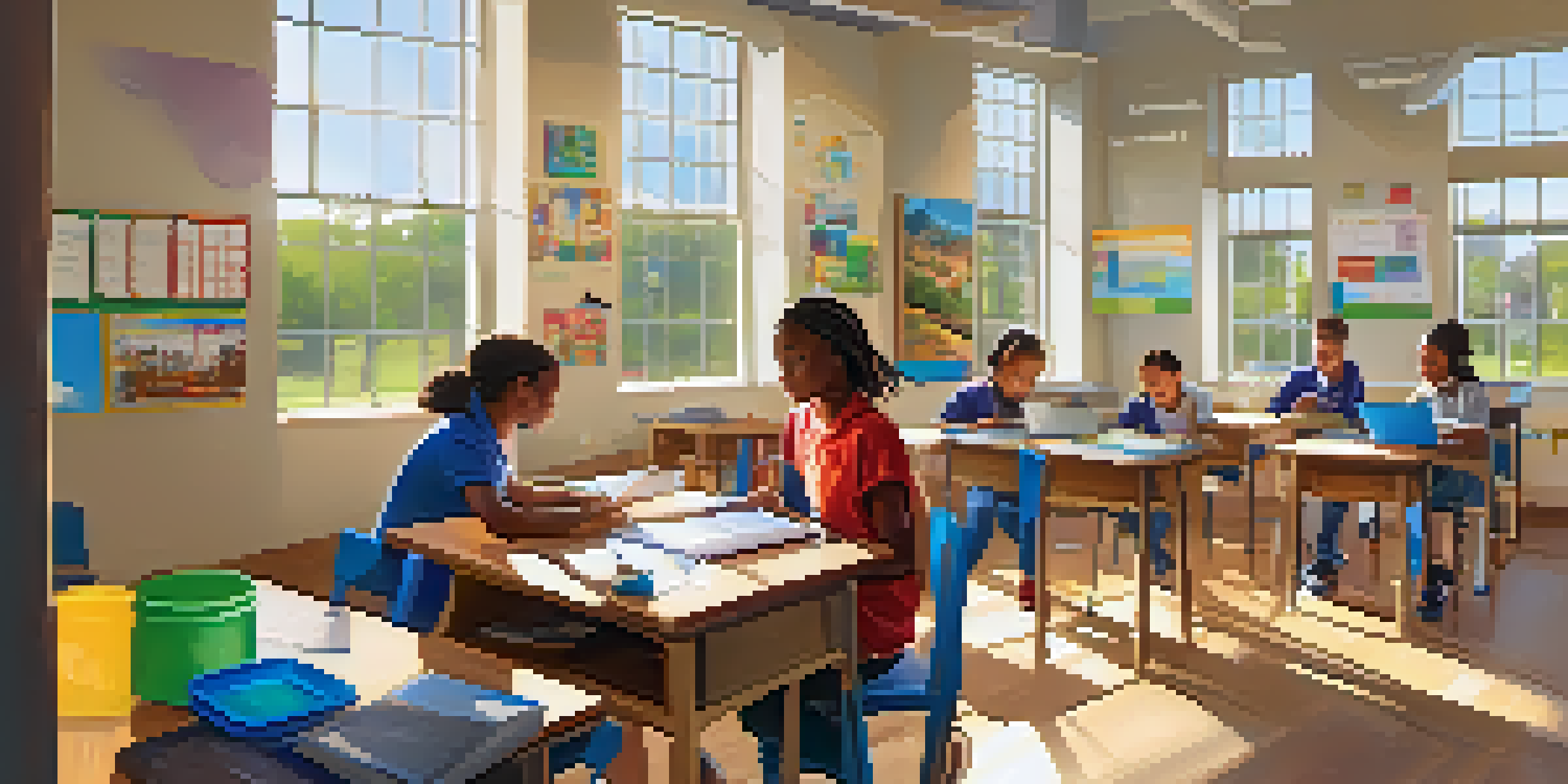 A lively classroom with students participating in hands-on learning, surrounded by colorful educational materials and technology tools.