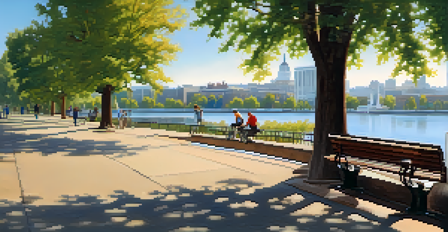 A scenic view of the Sacramento River District with parks, people engaging in activities, and restored historical buildings.