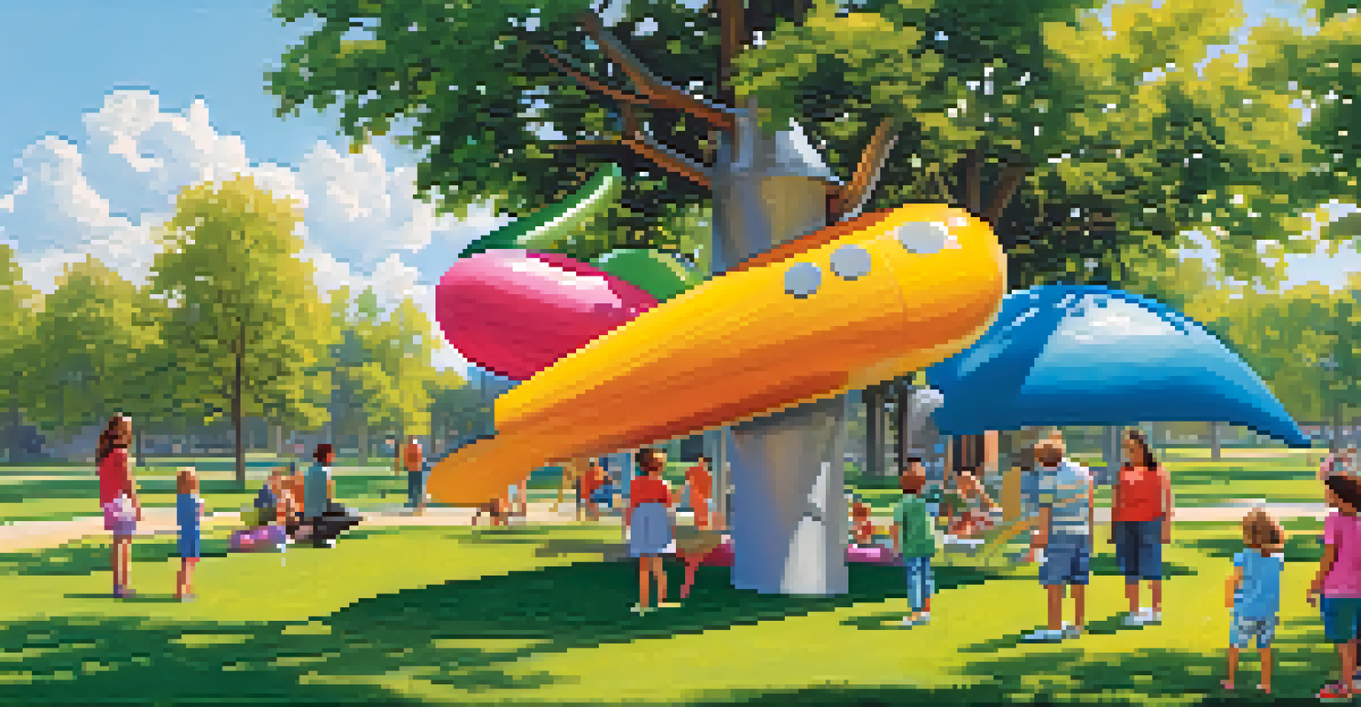 Children interacting with colorful sculptures in a park, surrounded by greenery and a blue sky.