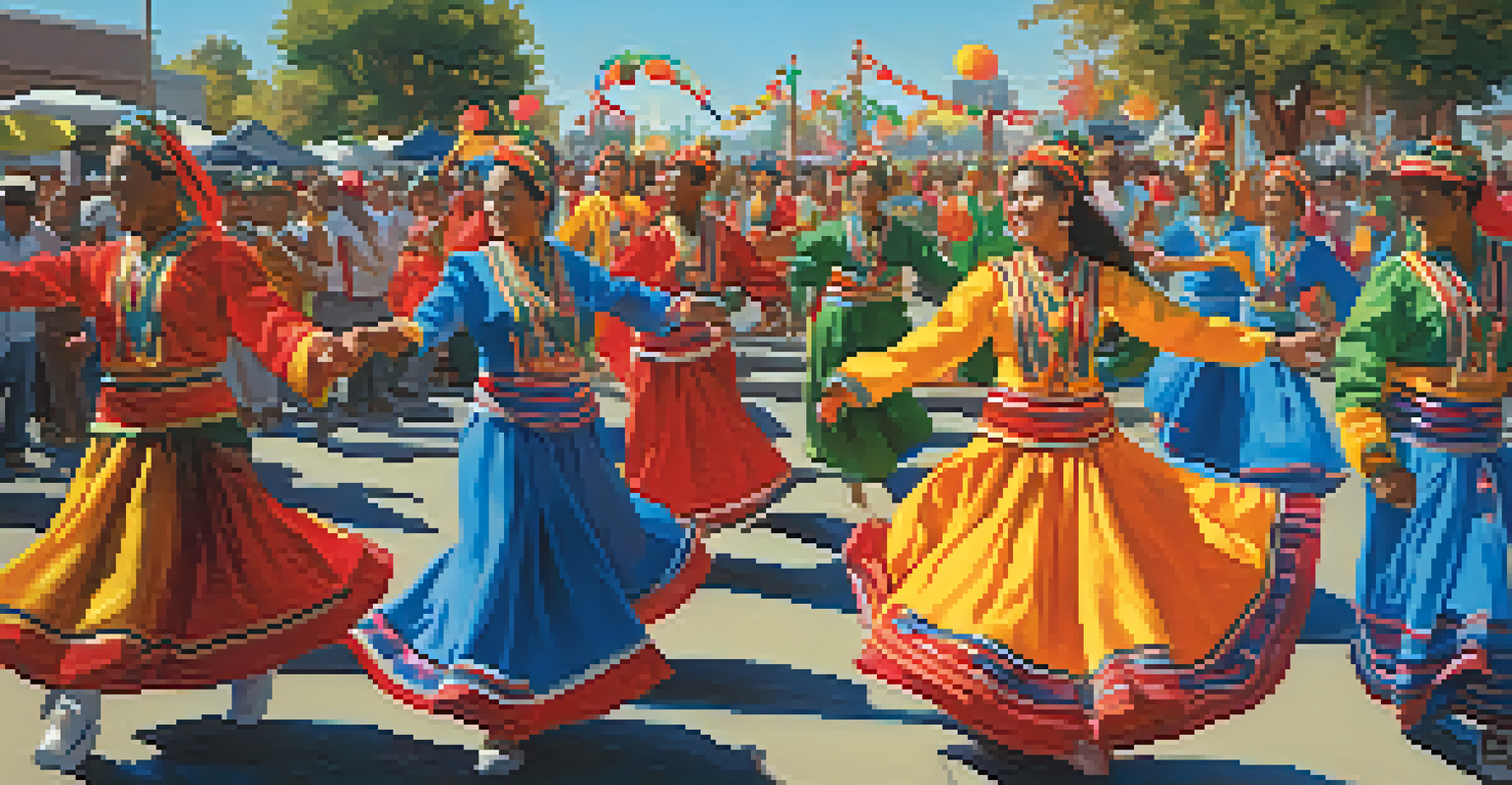A vibrant festival scene in Sacramento with dancers in traditional attire and a lively crowd, under a clear blue sky.