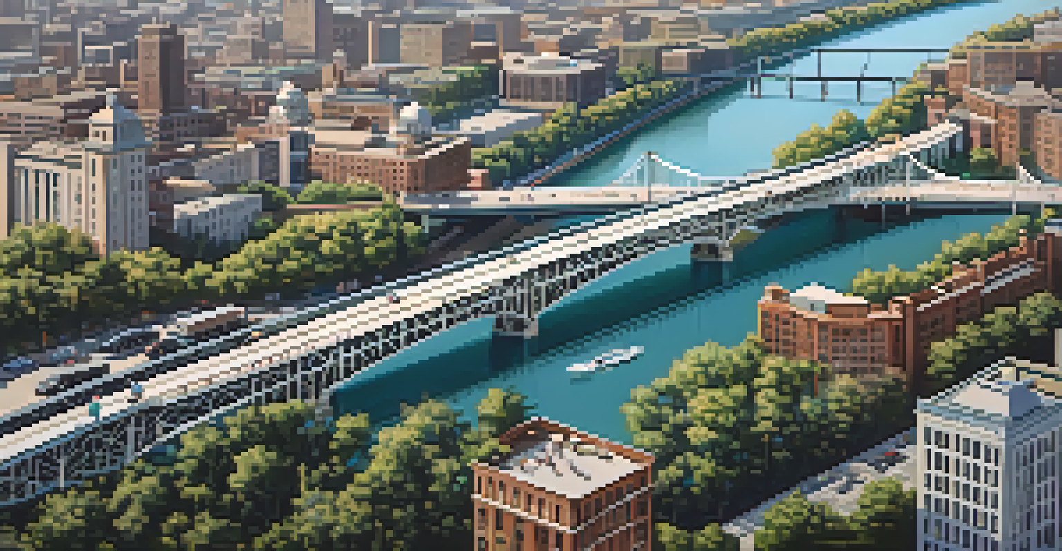 An aerial view of the I Street Bridge in Sacramento, illustrating its ironwork and surrounding urban scenery.