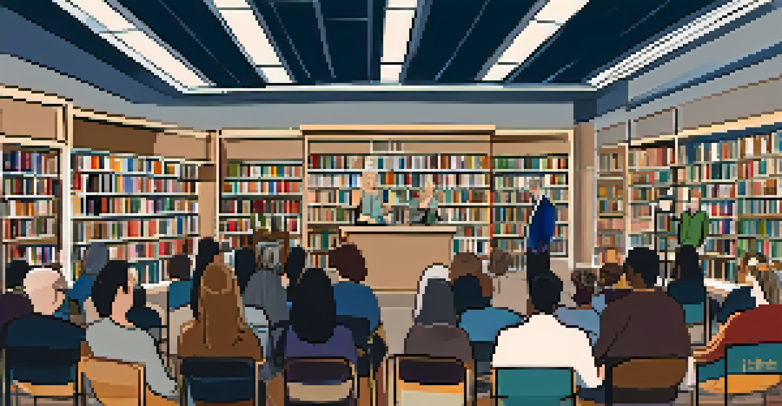 An author event in a bookstore with an author speaking to an audience, books on display, and attendees engaged.