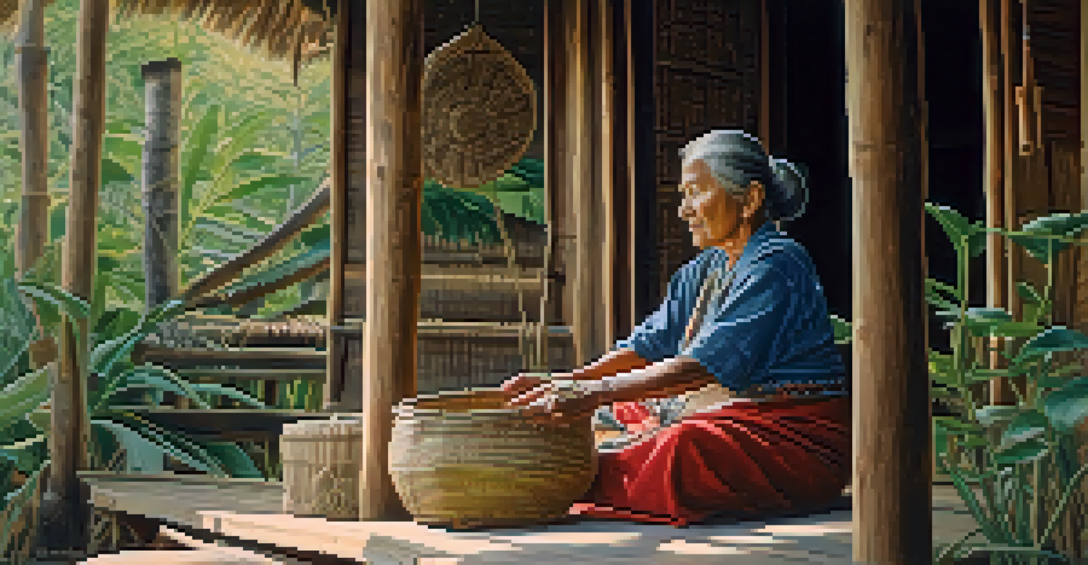 An elder Nisenan woman weaving a basket on a wooden porch, with a traditional home and nature in the background.