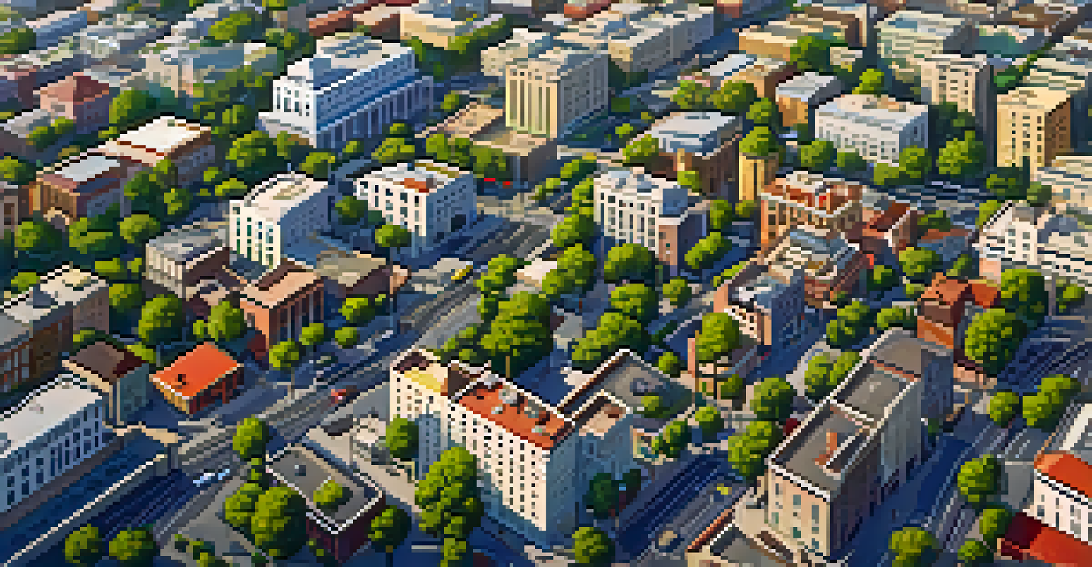 An aerial view of modern Sacramento showing the evolution of road design with structured streets and greenery.