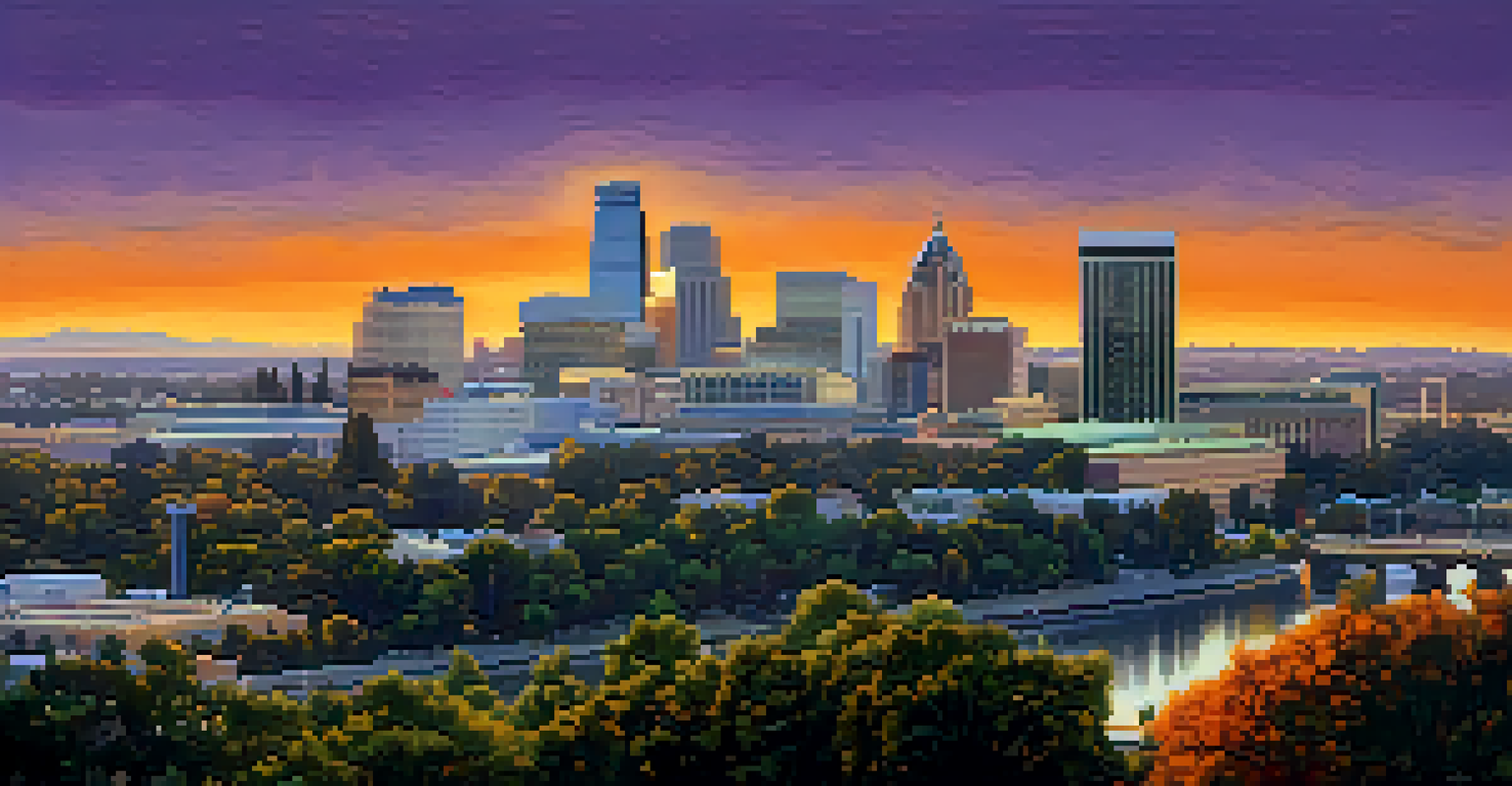 Panoramic view of Sacramento's skyline at sunset with lush greenery in the foreground.