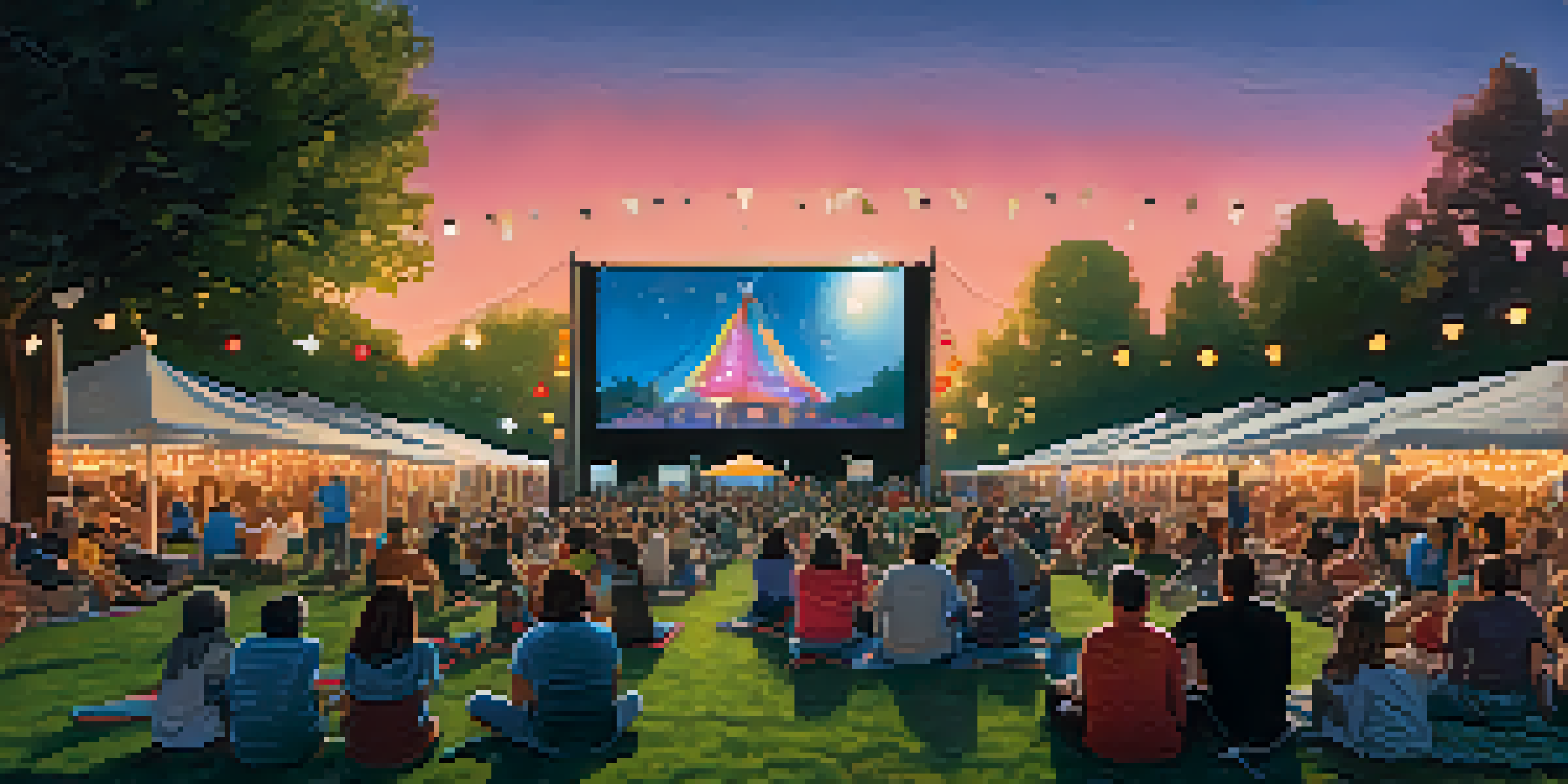 An outdoor film festival scene with a diverse audience watching a movie on a large screen under a twilight sky, surrounded by colorful lights and food vendors.