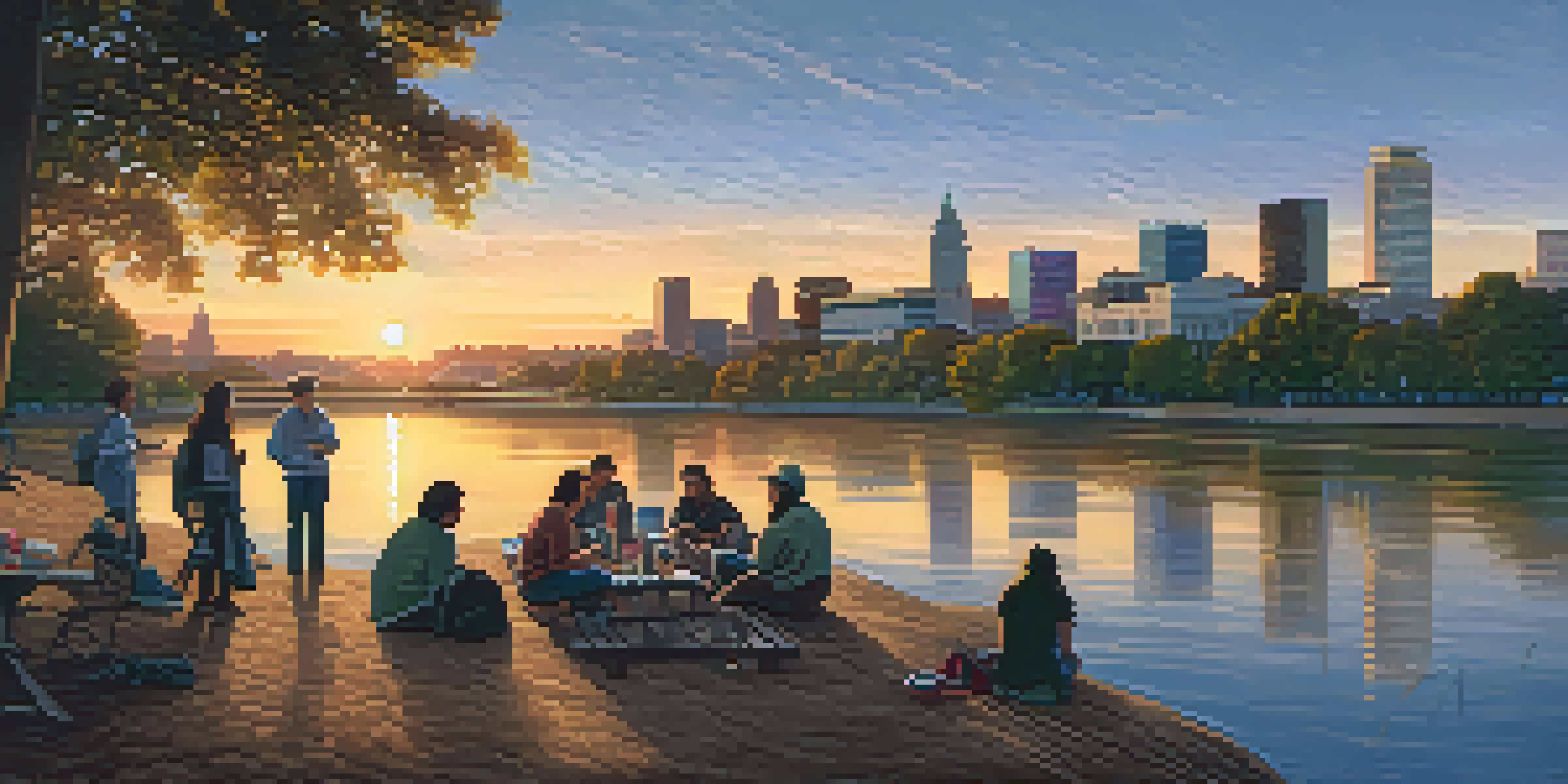 A sunset view of Sacramento's skyline with community members discussing emergency preparedness by the riverbank.