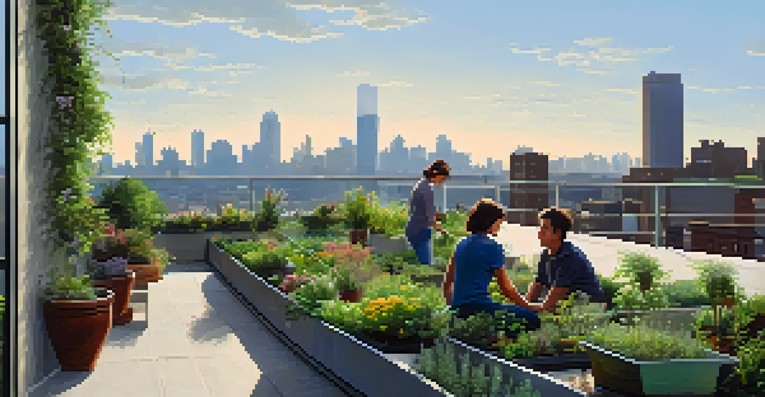 A rooftop garden in a city with various plants and small trees, showcasing a beautiful view of the skyline and people caring for the garden.