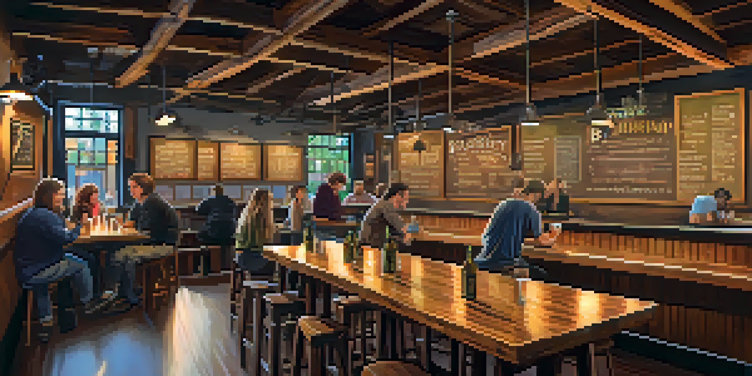 A warm and inviting brewery in Sacramento, with patrons enjoying craft beers at a communal table under soft golden lighting.
