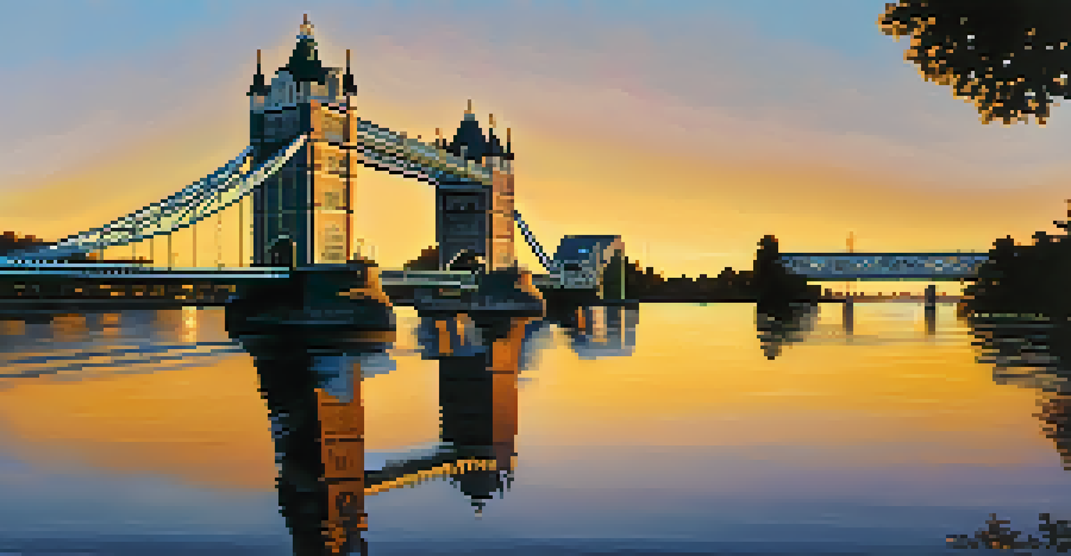 The Tower Bridge in Sacramento at sunset, reflecting in the river with people walking across.