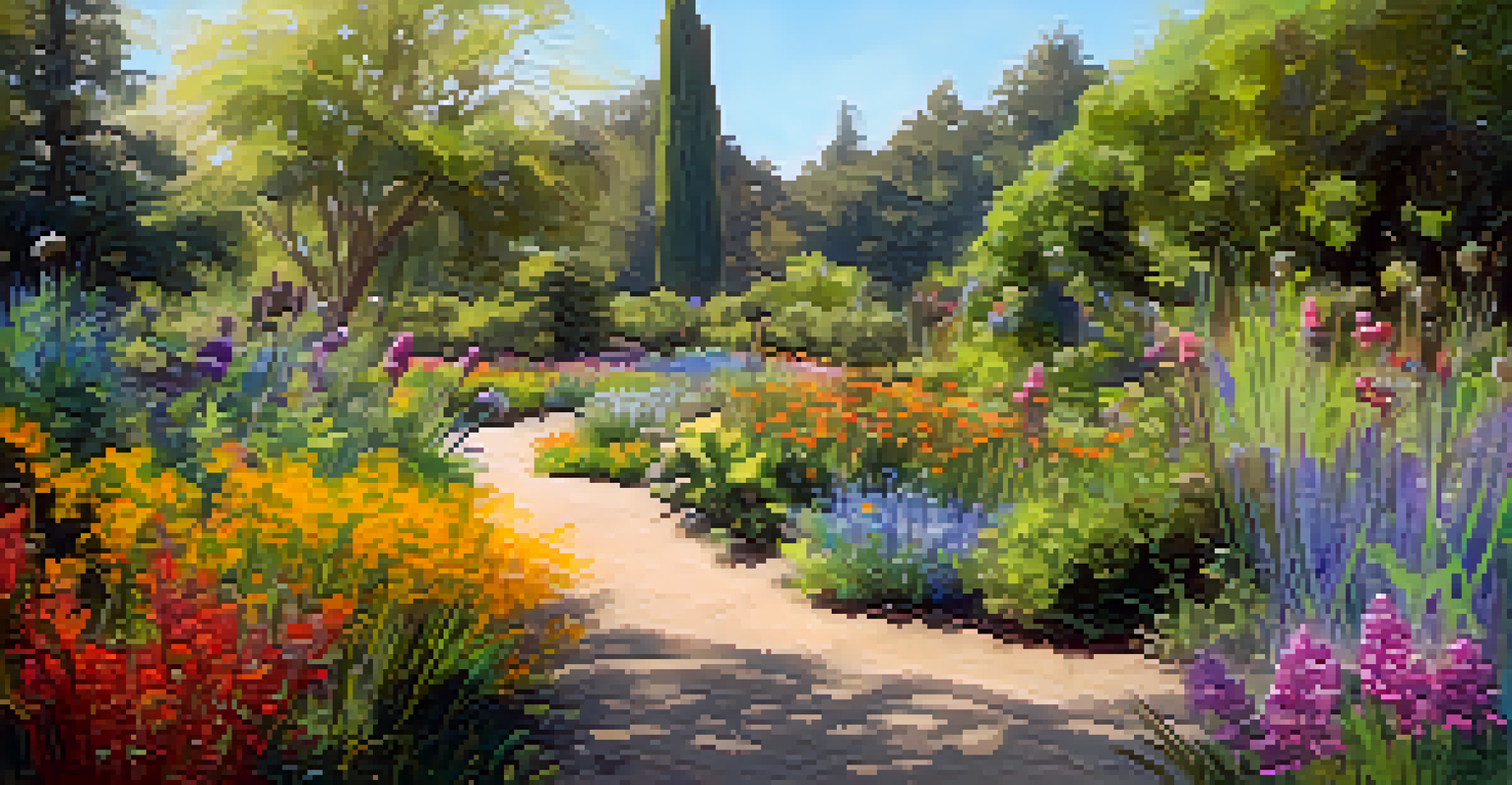 A detailed close-up of a native plant garden in a Sacramento park, showcasing blooming wildflowers and insects, with a sunny path leading into the park.