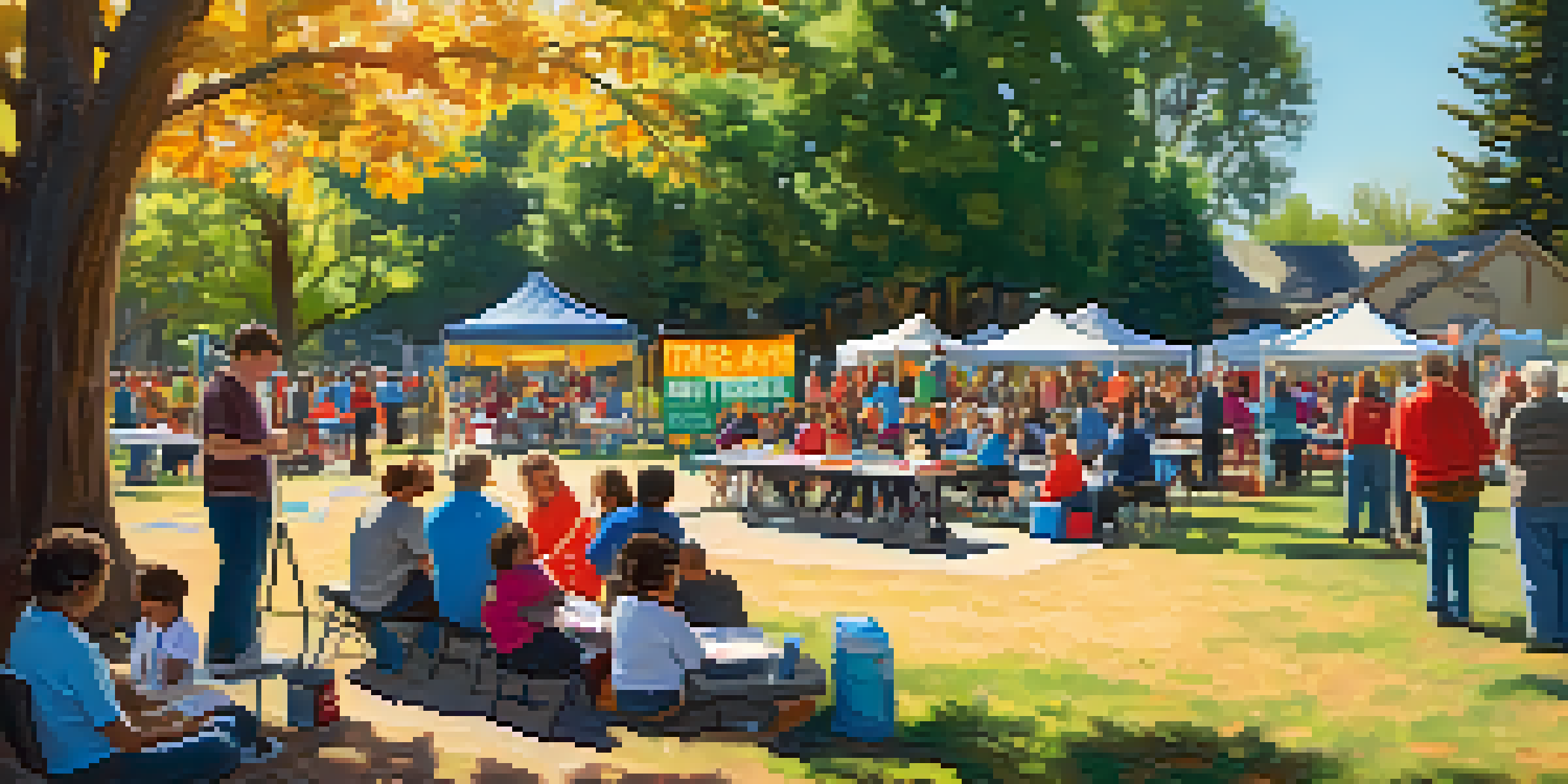 A diverse group of residents participating in an emergency preparedness workshop in a sunny park.