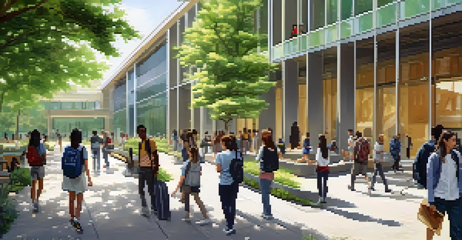 A modern university campus filled with students of diverse backgrounds actively engaging in discussions and studying, surrounded by greenery.