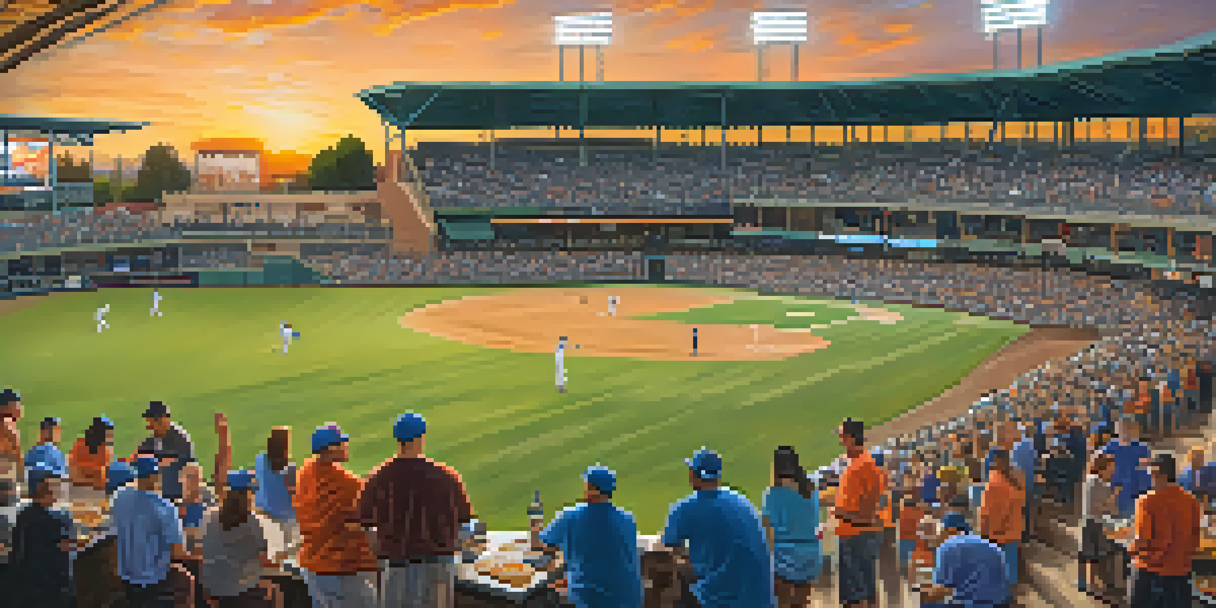 A lively baseball game at Raley Field with fans cheering, players in bright uniforms, and food trucks in the foreground under a sunset sky.
