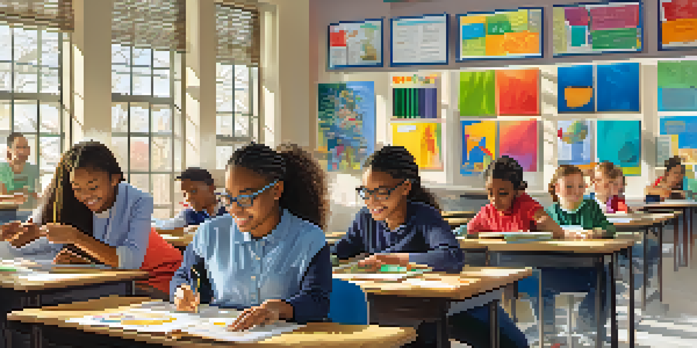 A diverse group of students working together in a bright classroom, engaged in a science project with a teacher guiding them.