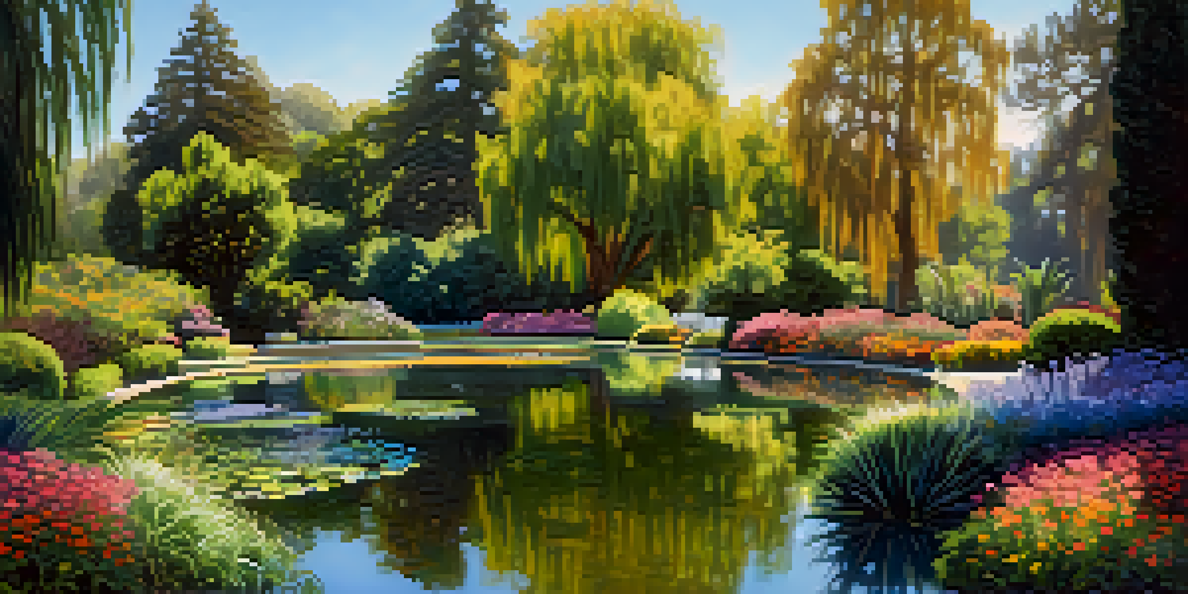 A colorful view of Sacramento's Botanic Gardens with various plants and flowers, winding paths, and a pond under soft sunlight.