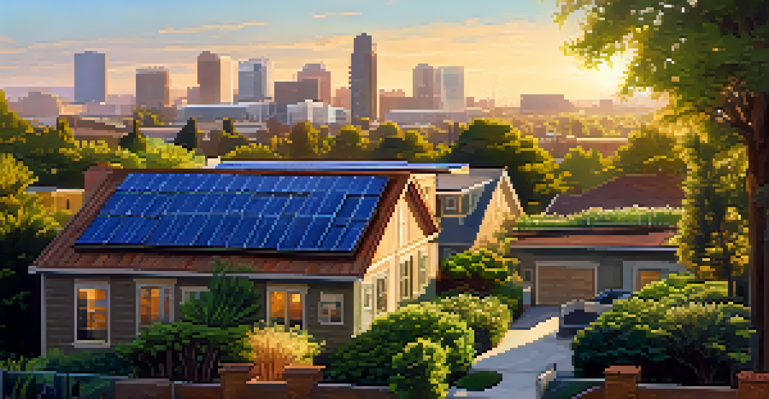 A picturesque view of Sacramento's skyline featuring a mix of traditional and modern buildings, greenery, and solar panels during golden hour.