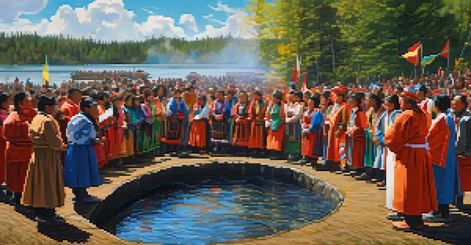 A vibrant First Salmon Ceremony with community members dancing and celebrating by the river, adorned in traditional attire.