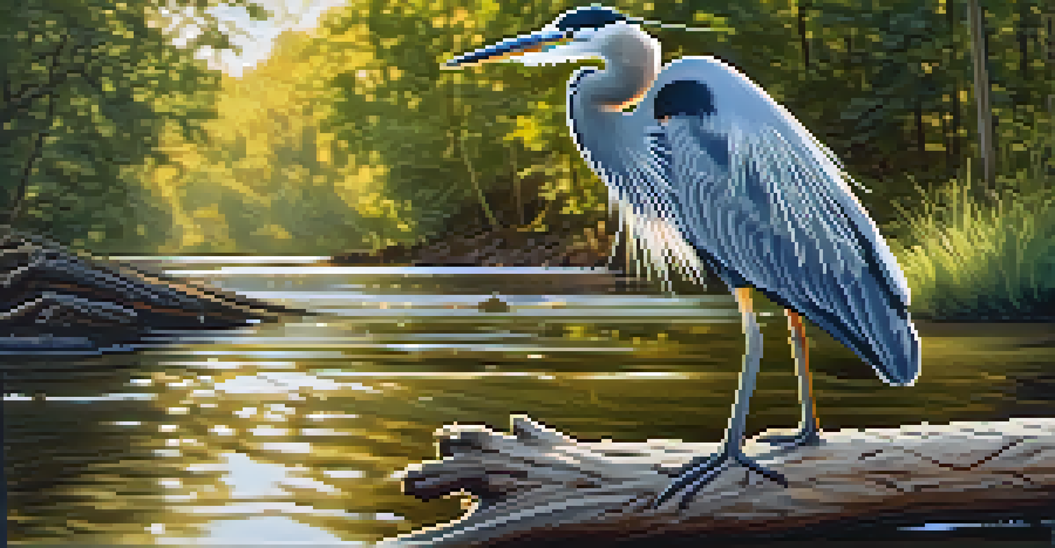 A heron on a log by the Sacramento River, with detailed feathers and green foliage in the background.
