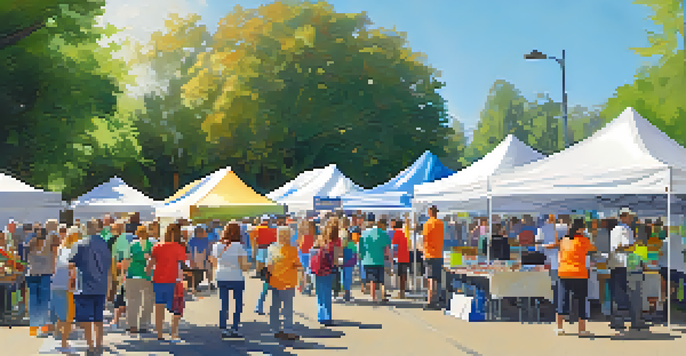 A lively emergency preparedness fair with people engaging at booths, sharing safety information and techniques under sunny weather.