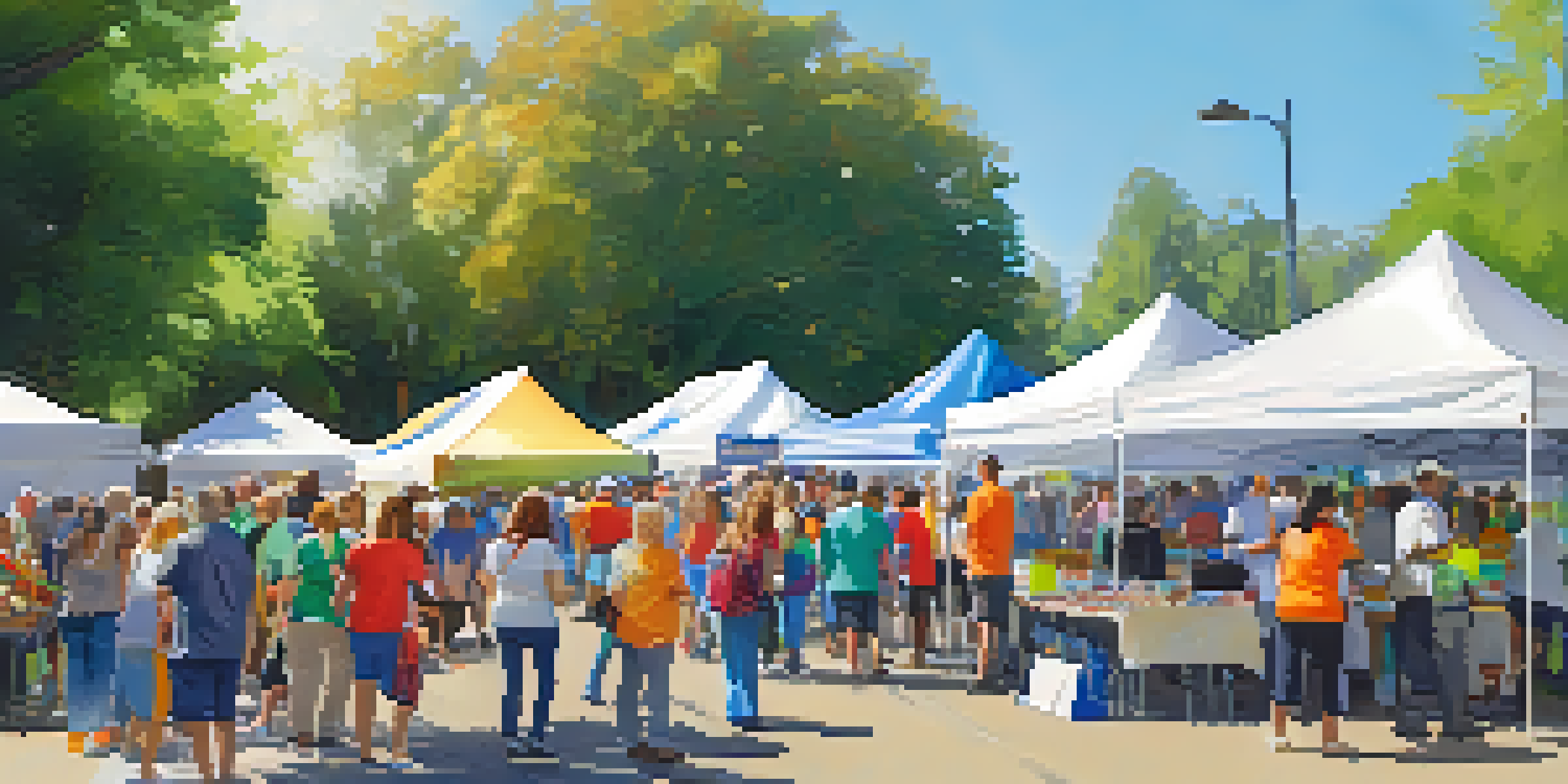 A lively emergency preparedness fair with people engaging at booths, sharing safety information and techniques under sunny weather.