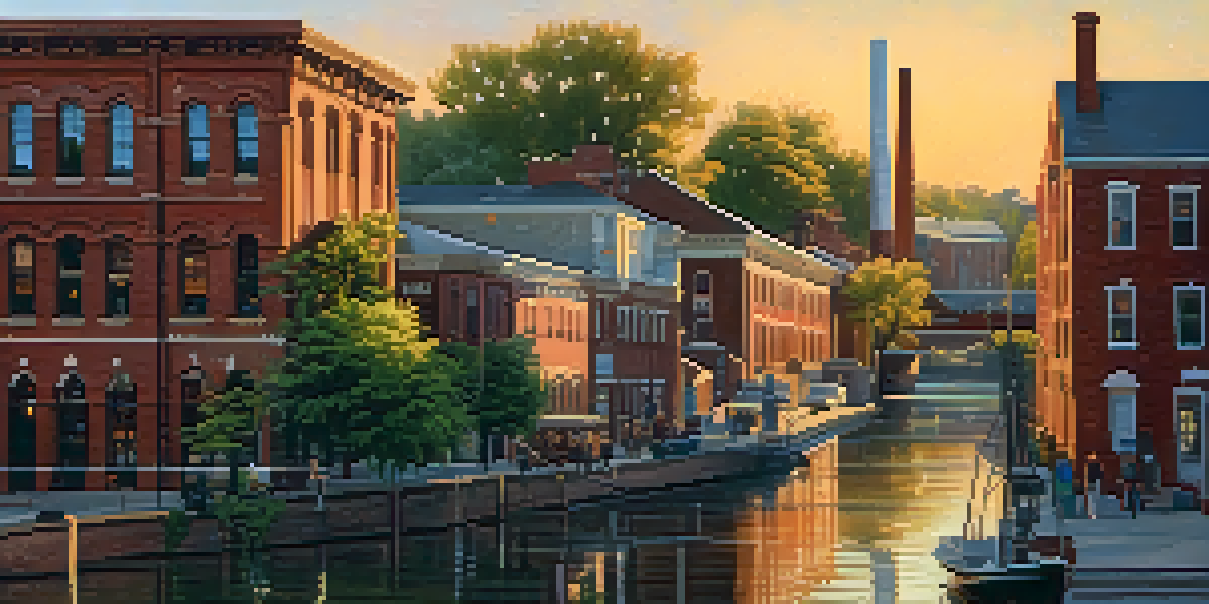 A scenic view of the Historic Flour Mill in Sacramento's Mill District, surrounded by colorful Victorian homes and green trees during sunset.