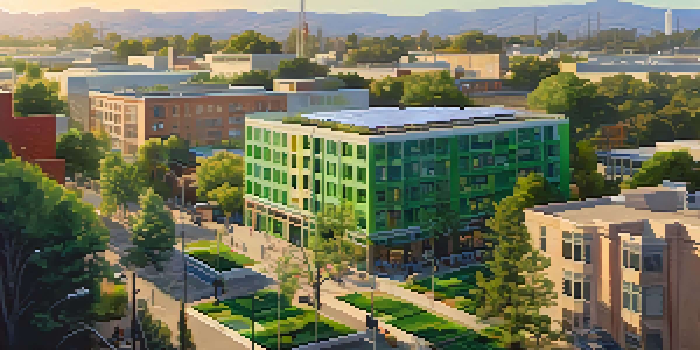 A colorful view of Sacramento with eco-friendly buildings, solar panels, and green spaces, highlighting community engagement and sustainability.