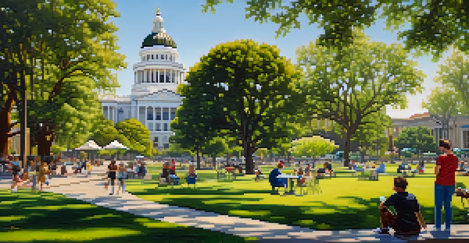 A lively modern downtown Sacramento with families in a park, contemporary buildings, and the California State Capitol in the background.