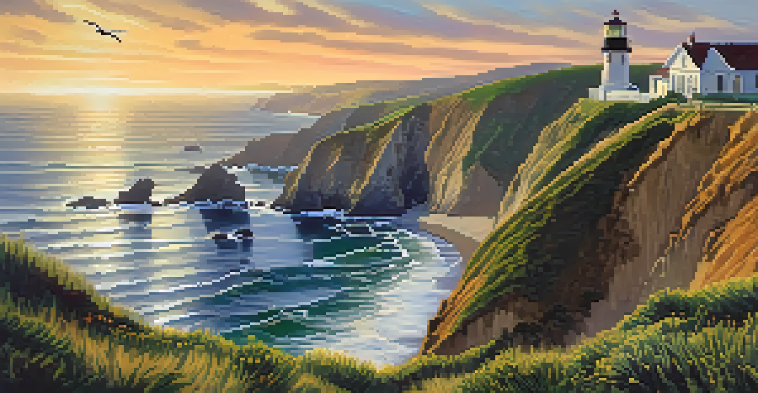 A dramatic coastal view at Point Reyes National Seashore with cliffs, ocean, and a lighthouse.