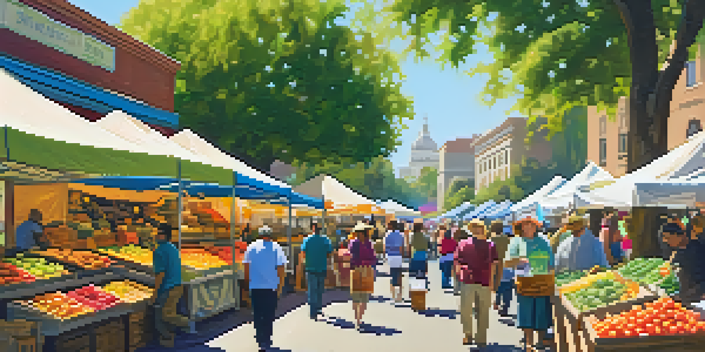 A bustling farmers' market in Sacramento filled with colorful stalls and people shopping.