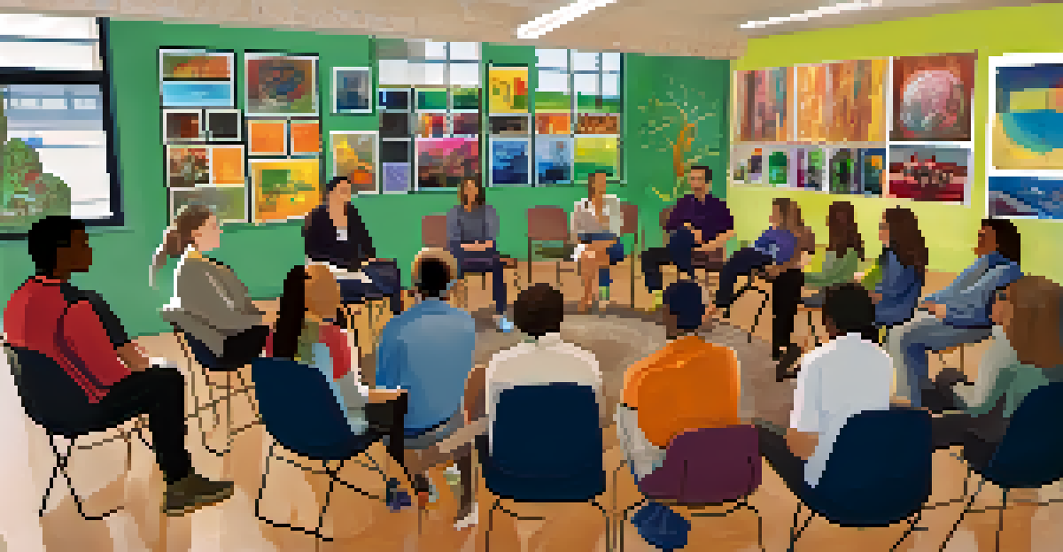 Participants engaged in a community workshop discussing mental health awareness in a cozy atmosphere.
