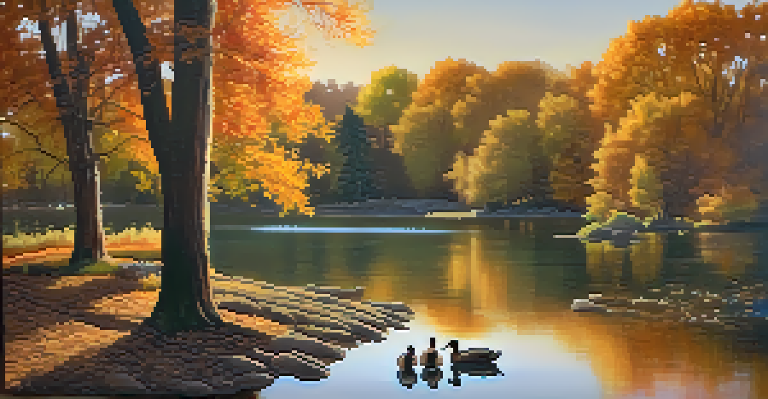A picturesque pond in Elk Grove Regional Park with autumn leaves, a couple picnicking by the water, and ducks swimming, under a golden sunset.