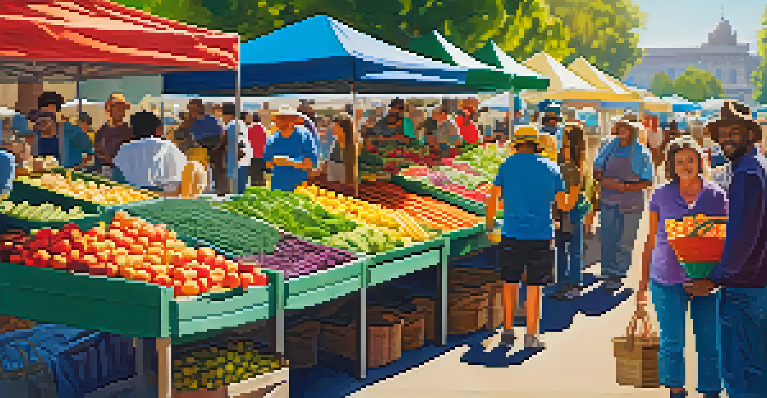 A lively farmers' market in Sacramento showcasing stalls of fresh produce and a diverse crowd of people enjoying the community atmosphere.