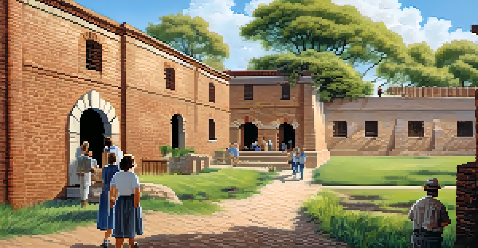 A historic fort surrounded by greenery with visitors exploring the site.