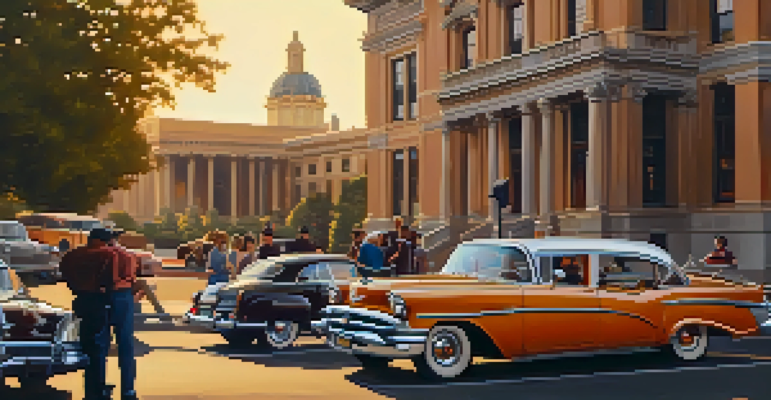 A vintage car parked in front of historic architecture in Sacramento during a film shoot, illuminated by the warm glow of golden hour.