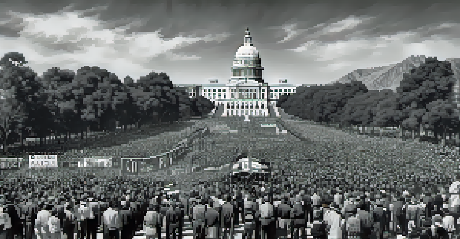 A black and white photograph of the 1963 civil rights march to the California State Capitol in Sacramento, with thousands of participants holding banners and signs.