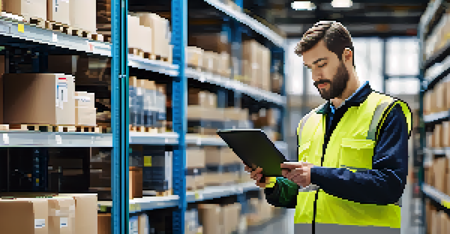 A logistics worker using technology in a modern warehouse, surrounded by shelves of products and natural light.