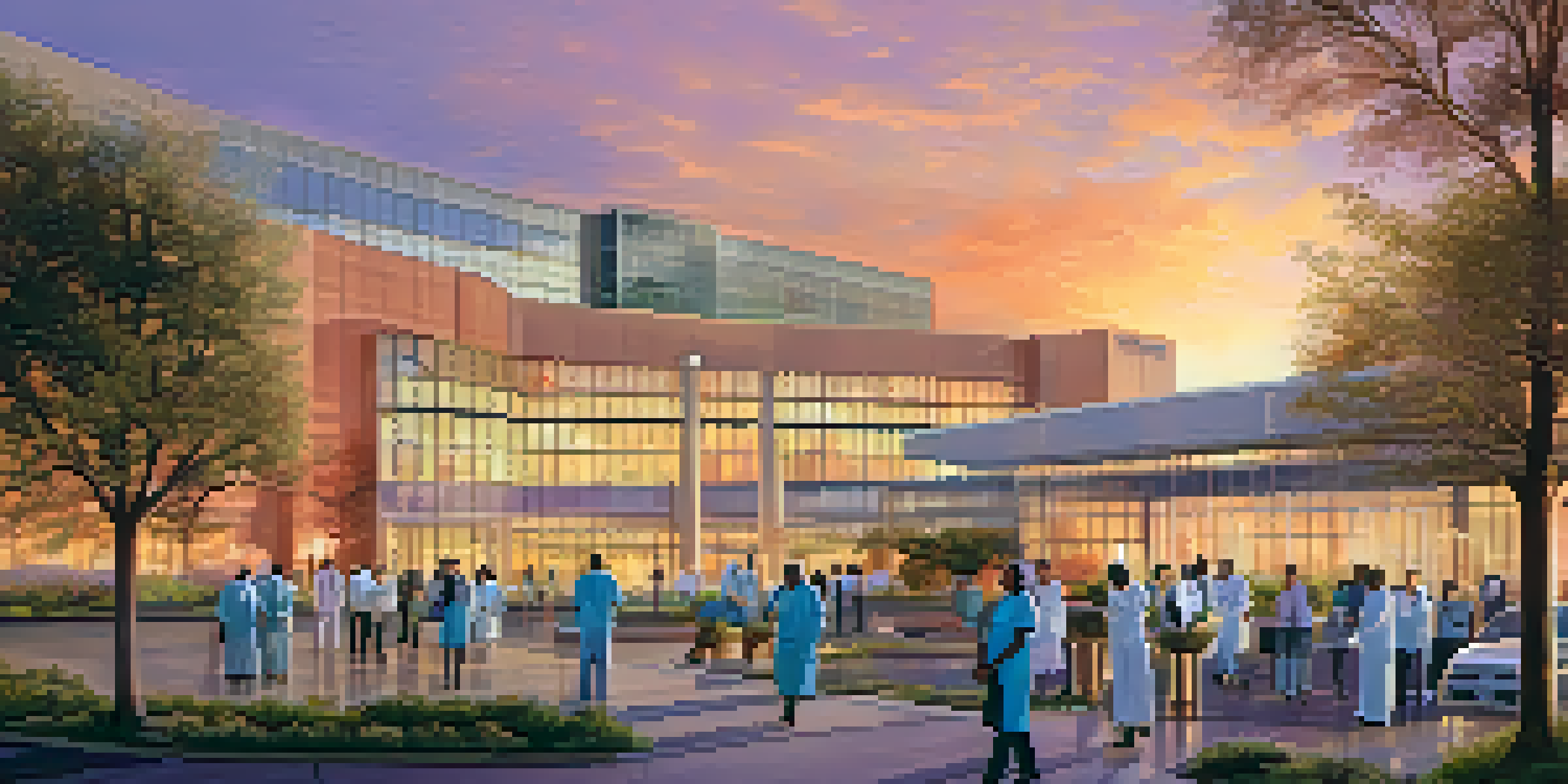 A sunset view of Sacramento's healthcare institutions with healthcare professionals and patients, showcasing a vibrant community.