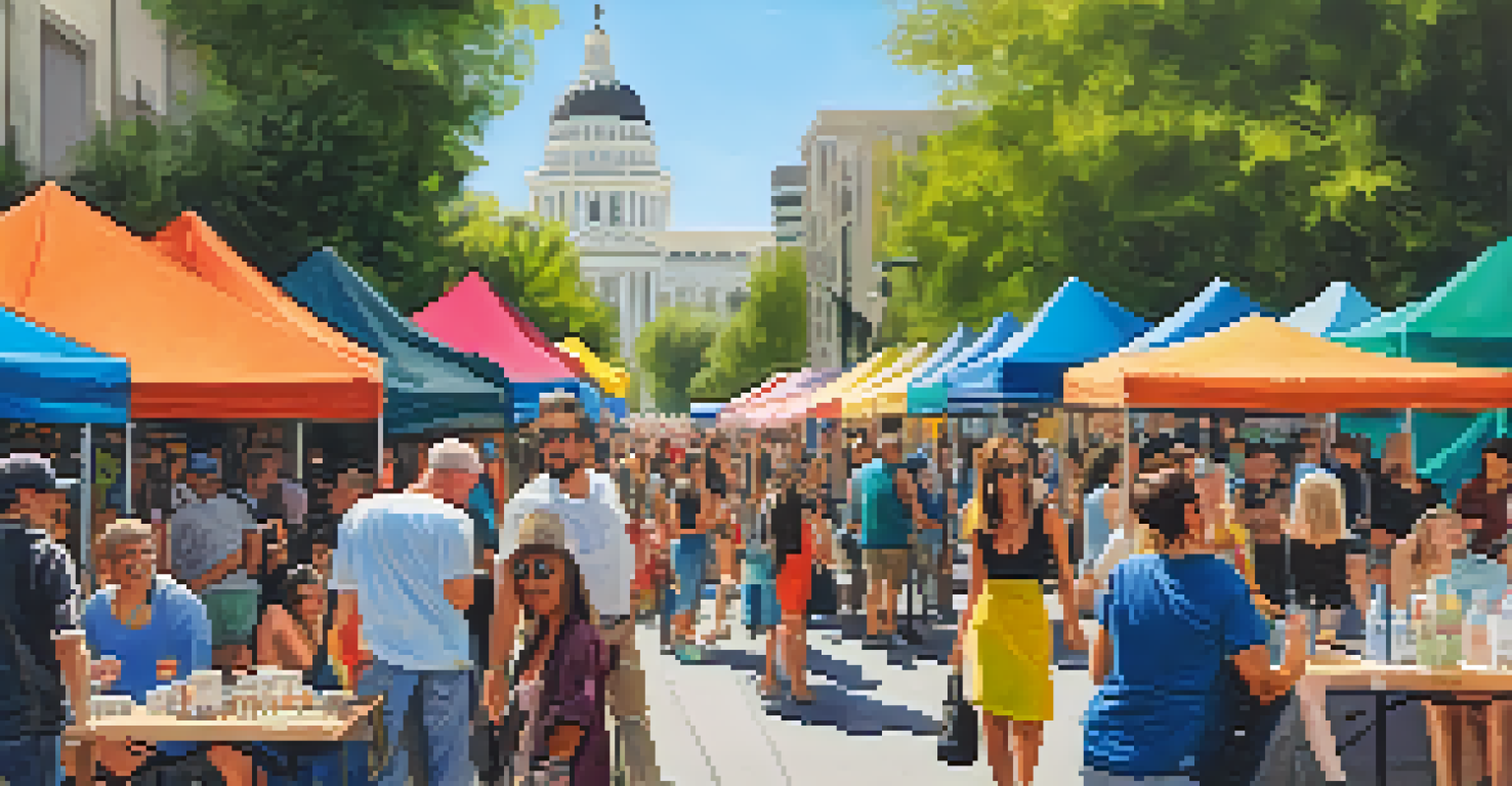 A lively street festival in Sacramento with art booths, food vendors, and musicians performing for a joyful crowd.