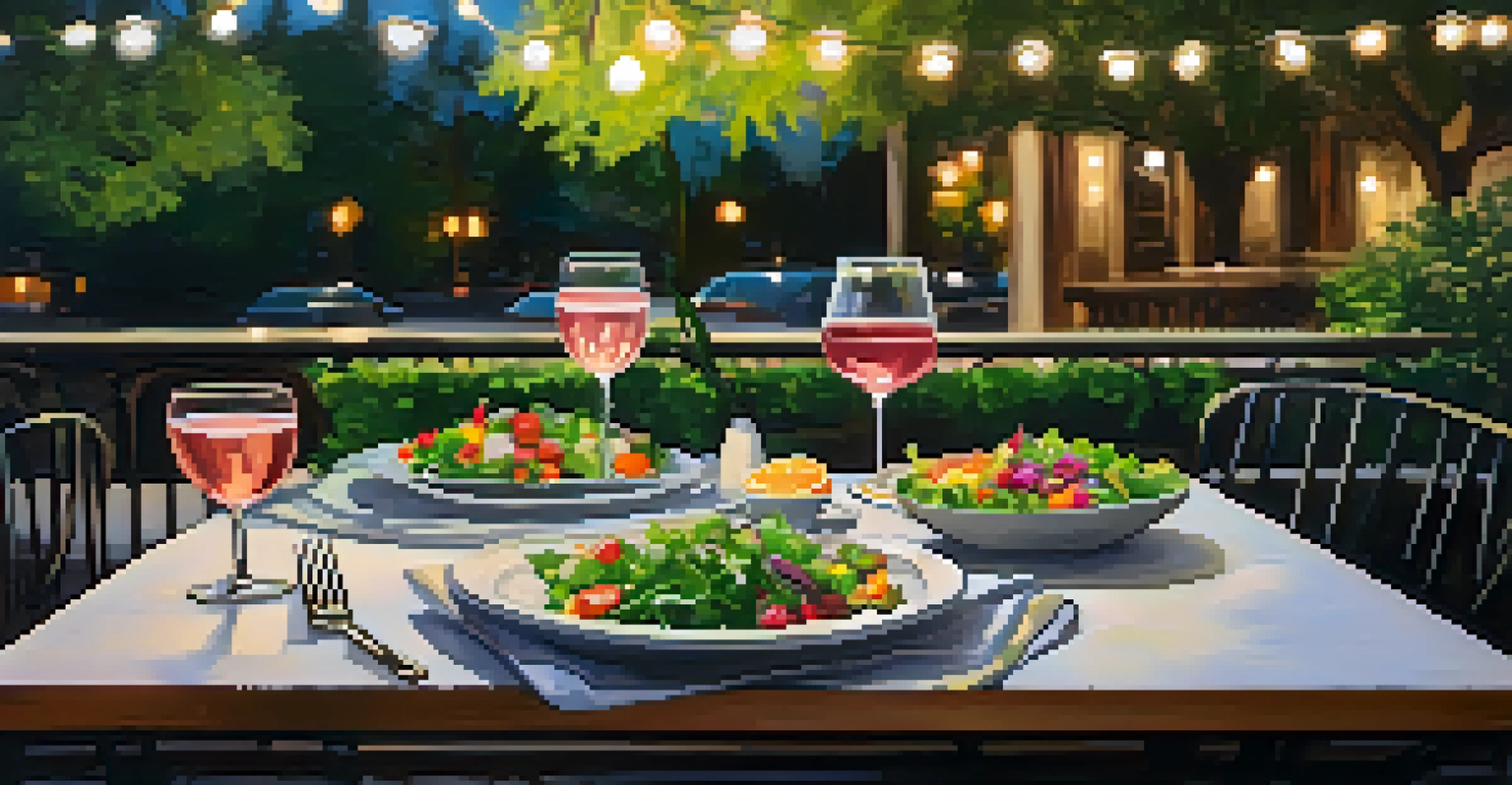An outdoor dining table with a summer salad and a glass of Rosé, surrounded by greenery and fairy lights.