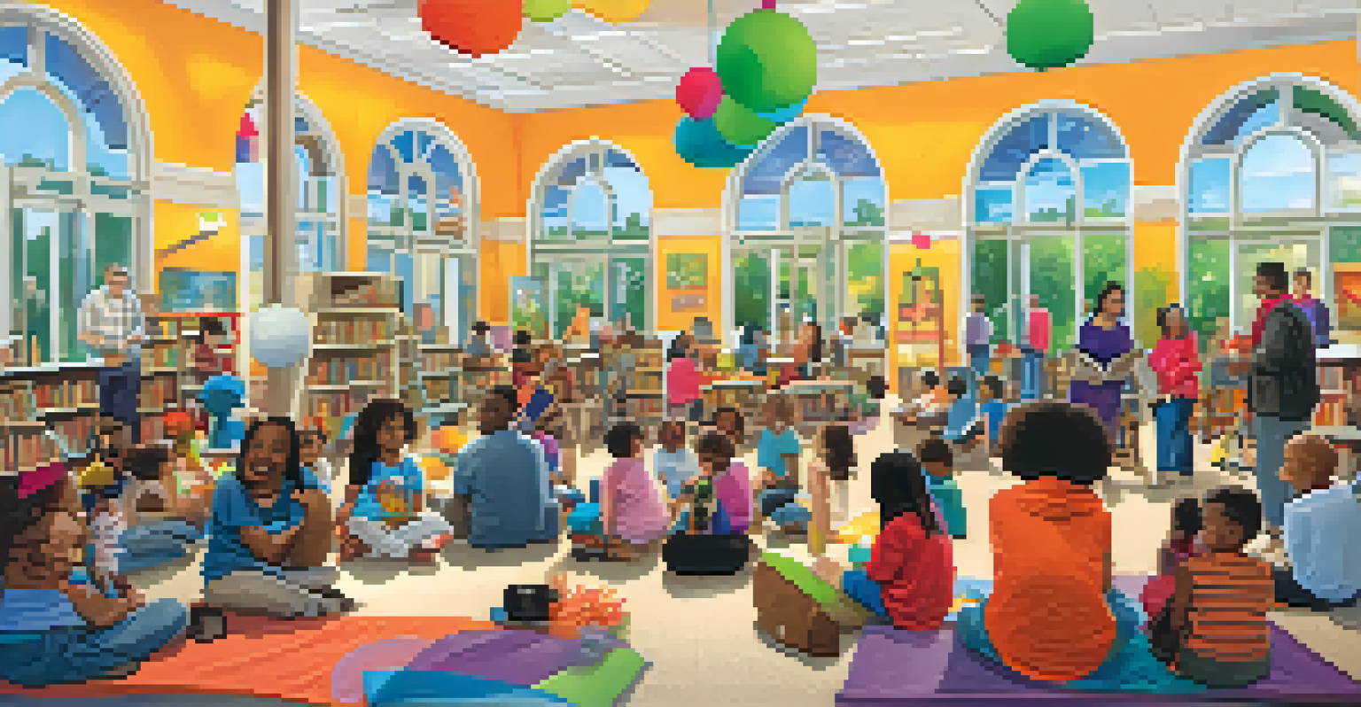 A community event in a library with people of various ages participating in storytelling and crafting activities.