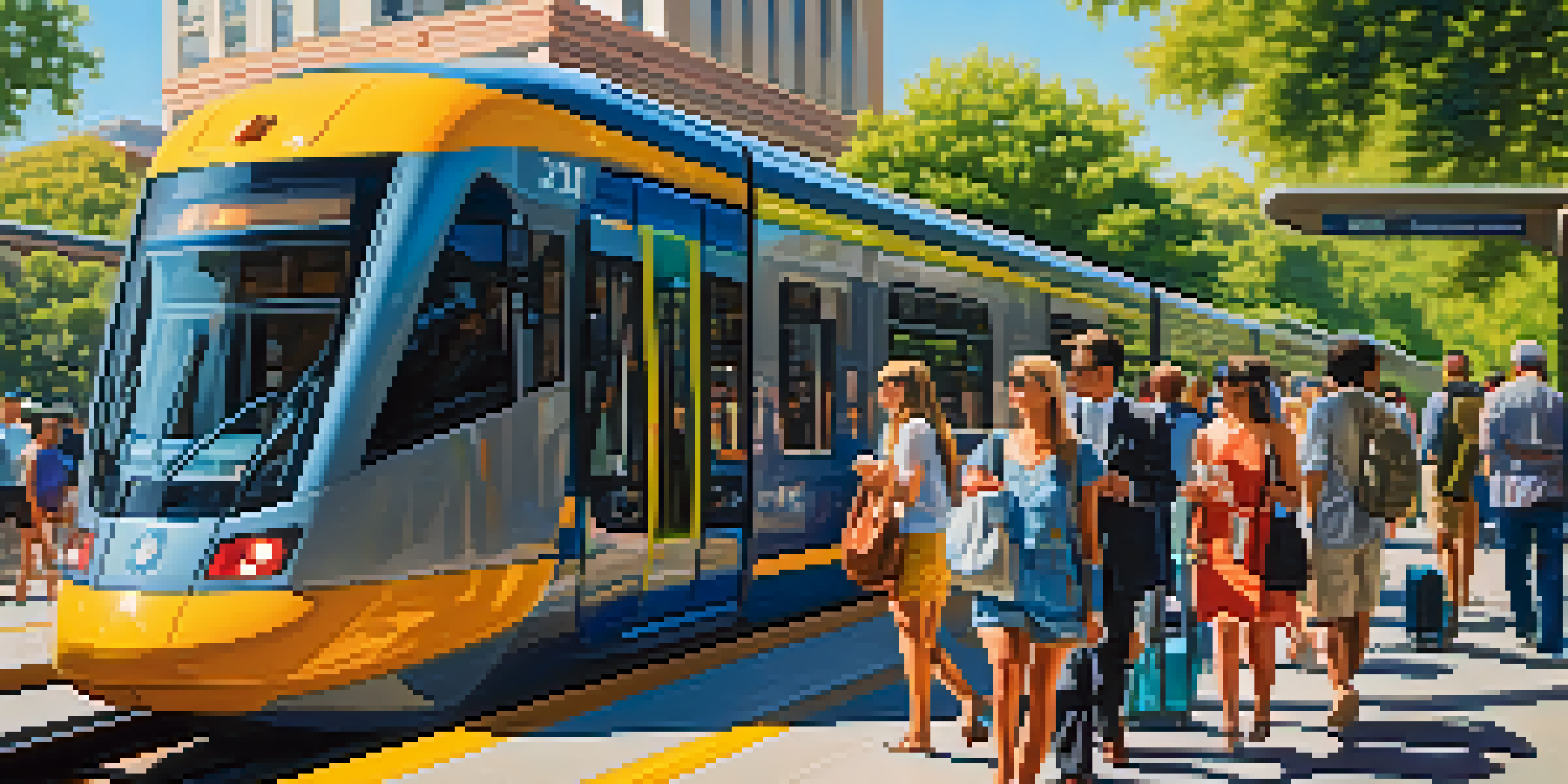 A bustling Sacramento light rail station with people boarding a train, surrounded by greenery and city buildings.