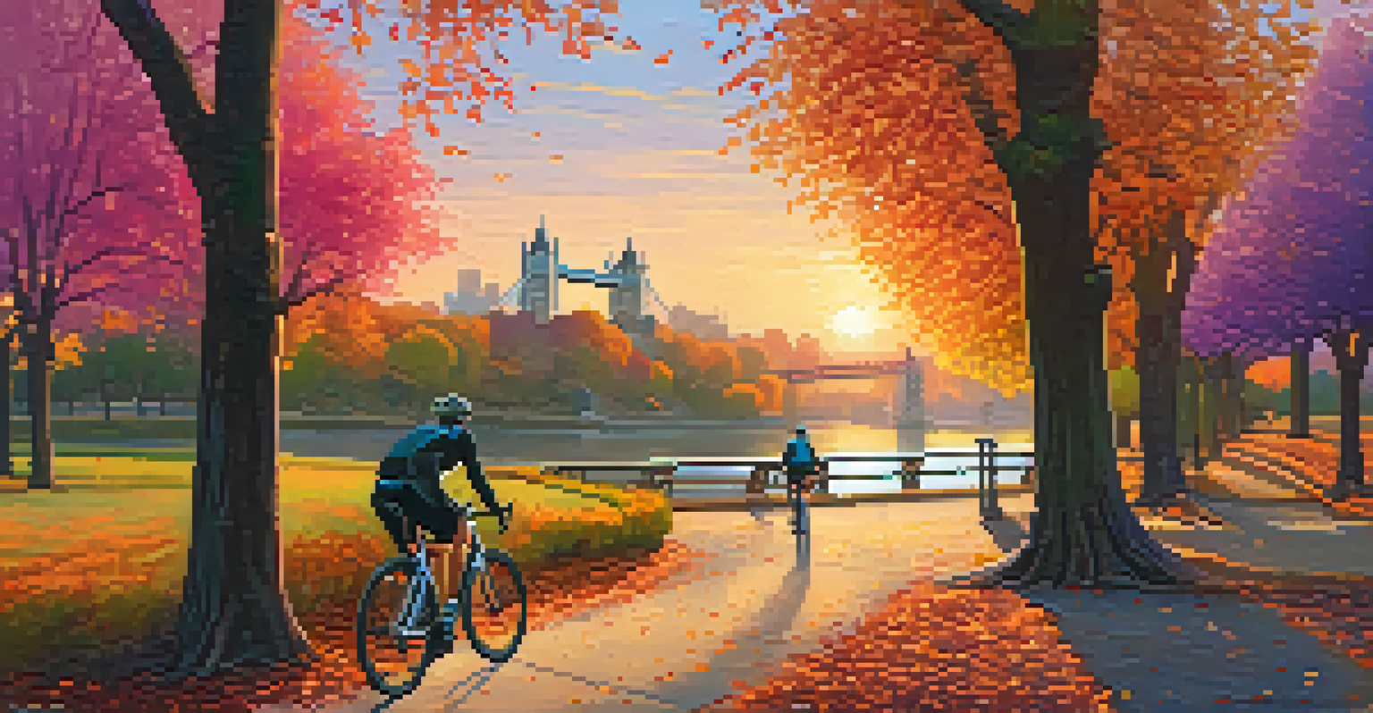 The Sacramento River Park Trail at sunset, featuring the Tower Bridge and cyclists riding along a path lined with autumn leaves as the sky glows with sunset colors.