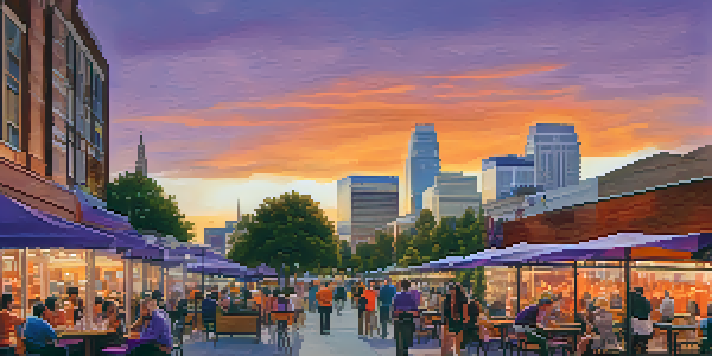 A sunset view of Sacramento's skyline with colorful skies and people enjoying outdoor spaces.