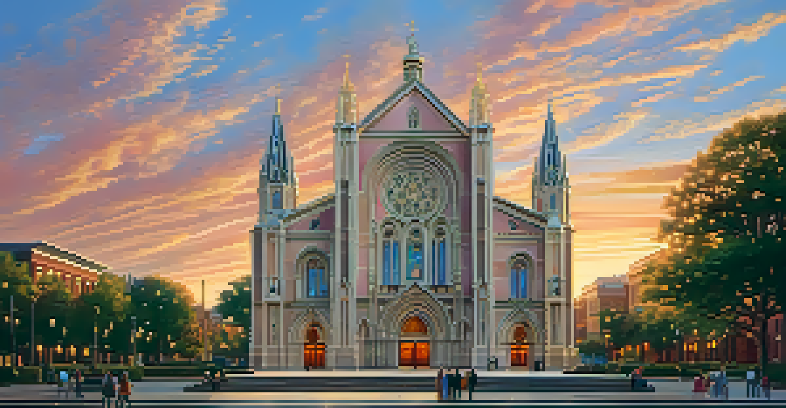 The Cathedral of the Blessed Sacrament illuminated by the sunset, showcasing its detailed architecture and stained glass windows.