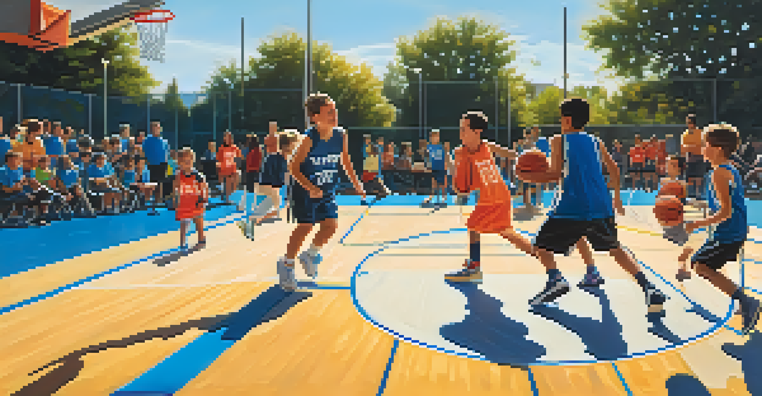 Kids playing basketball during practice on an outdoor court, with parents cheering in the background.