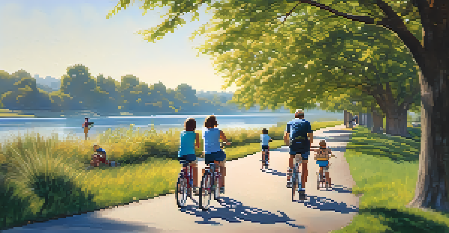 A family biking at Discovery Park, surrounded by greenery and children playing, with the confluence of the American and Sacramento rivers in the background.