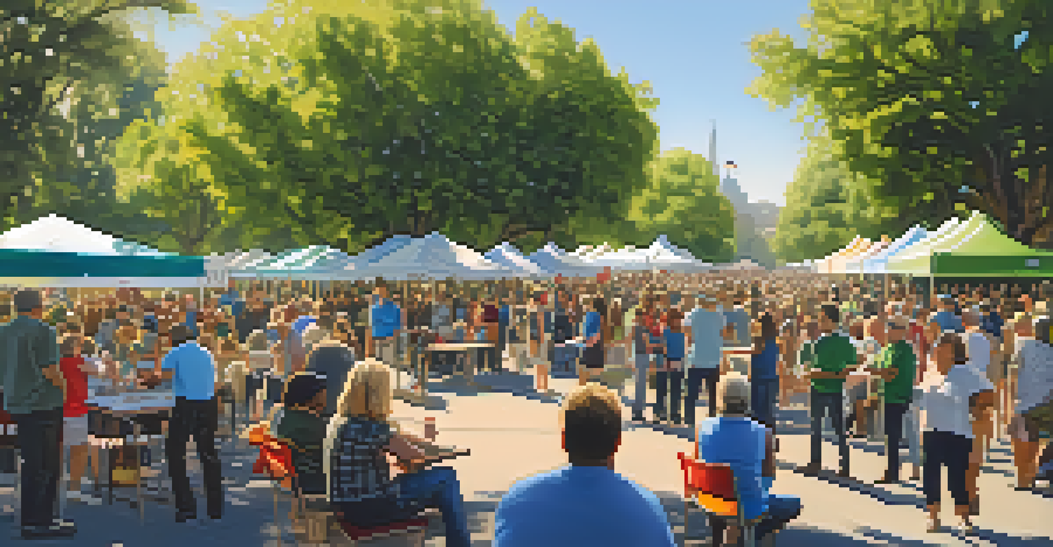 A public participation event in a park with residents engaging with council members under sunny skies, surrounded by informational booths.